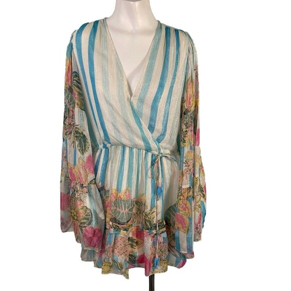 Rococo Sand Lily Drawstring Tassel Tie Floral Mini Dress Bell Sleeves Size Small - Picture 1 of 16